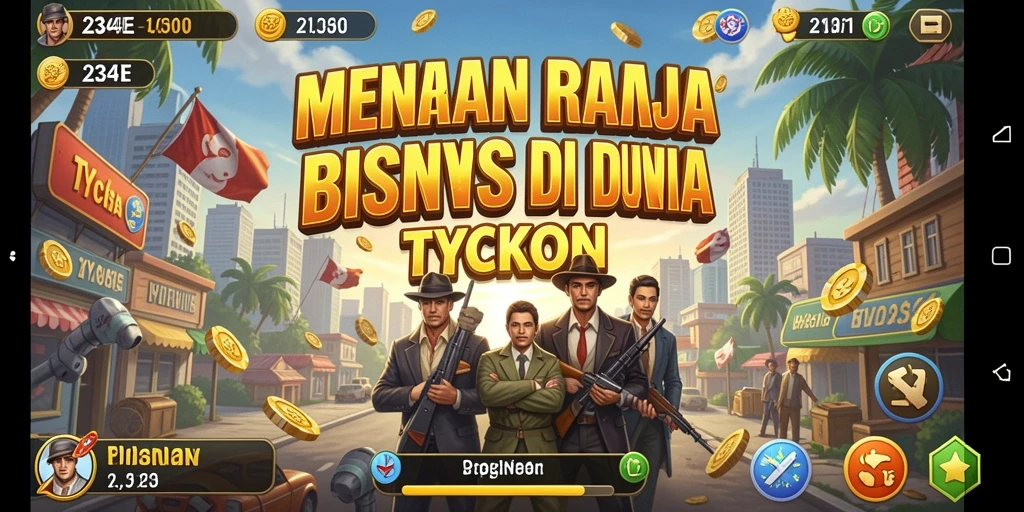 Tangkapan layar utama 234E menampilkan aksi membangun bisnis di dunia Tycoon.