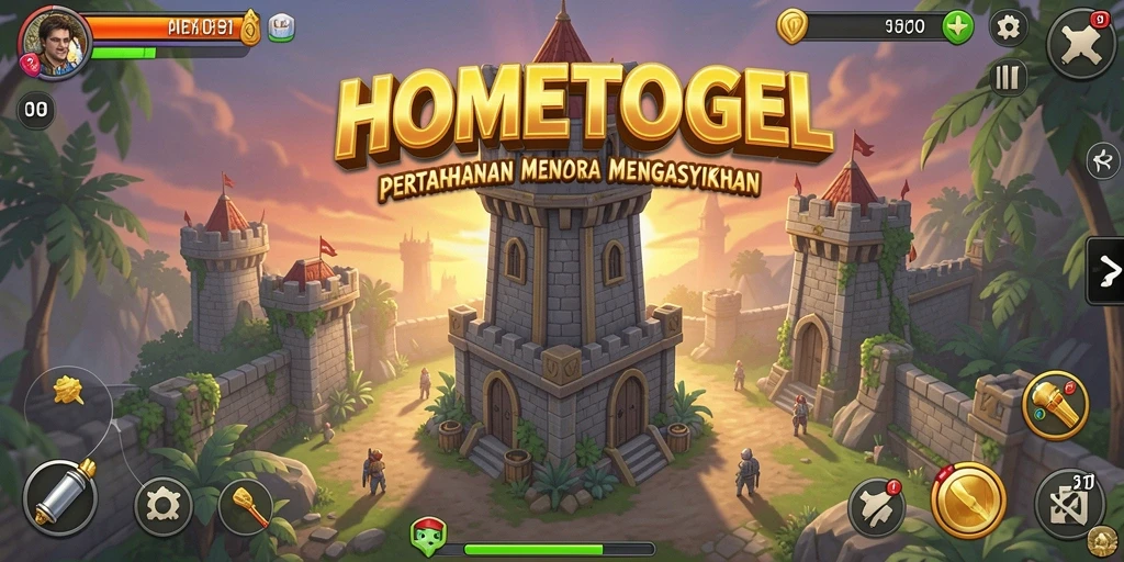Screenshot gameplay HOMETOGEL menampilkan strategi pertahanan menara yang intens.