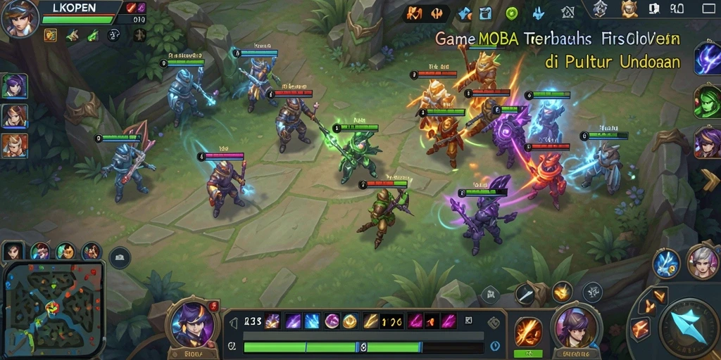 Screenshot LKOPEN menunjukkan aksi pertempuran intens dalam permainan MOBA.