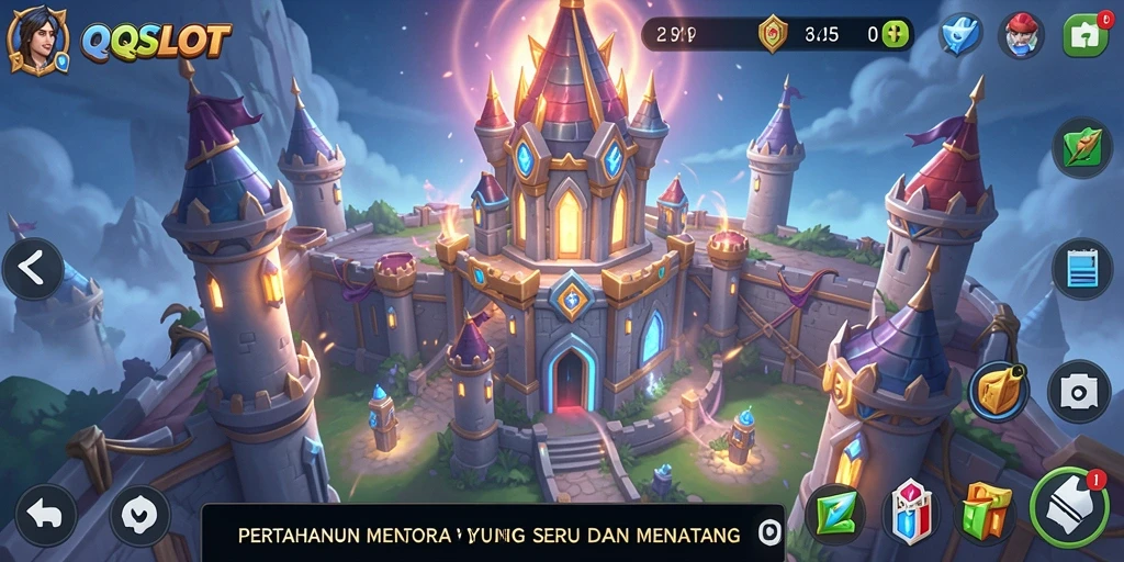 Tampilan gameplay QQSLOT menampilkan pertahanan menara yang intens dan seru.